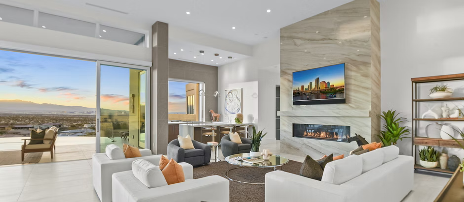 Upscale home staging features a modern living room with a stunning view. | Utopia Luxury Home Staging & Design